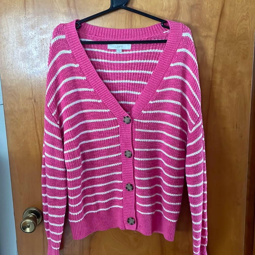 pink and white striped button up sweater